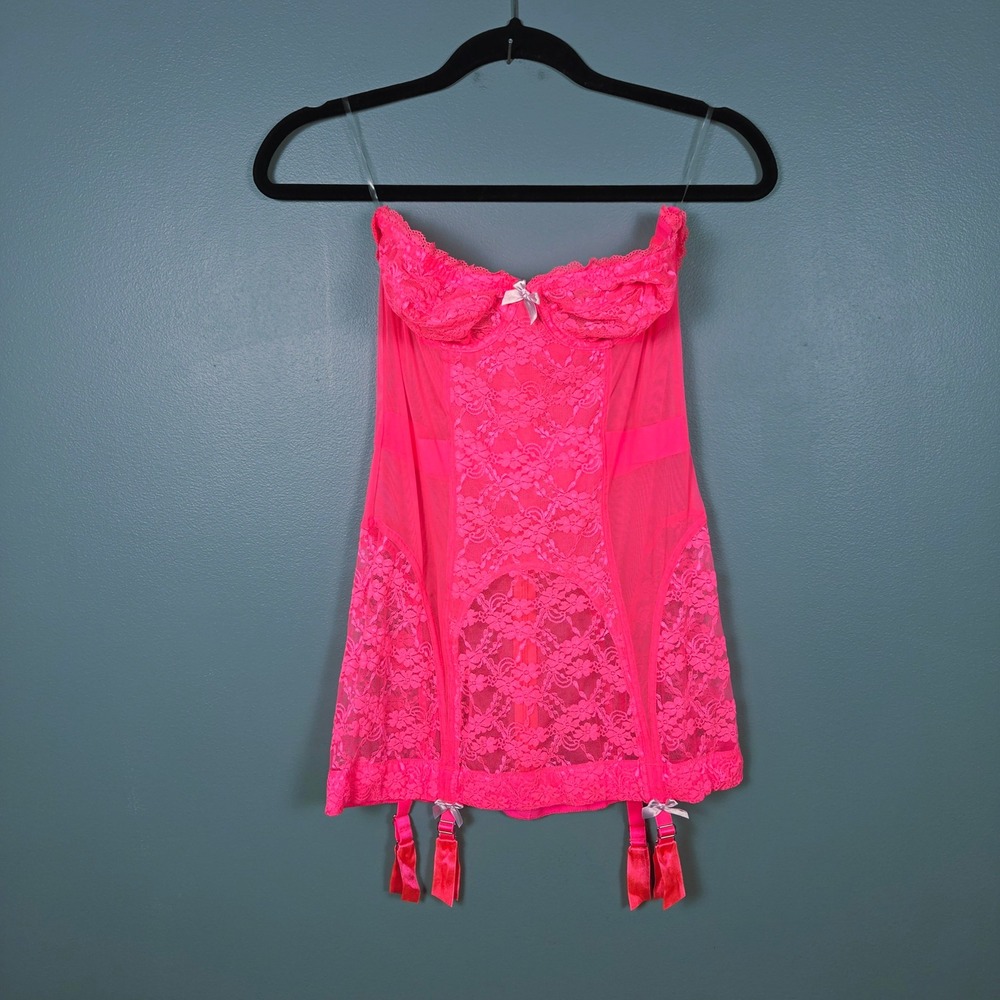 Victoria's Secret Women's 36C Lace Bustier Corset Garter Sheer Hot Pink Barbie